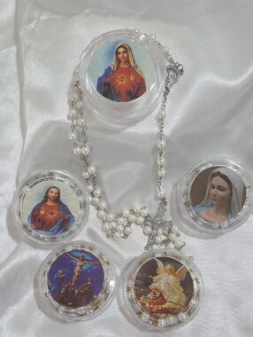 Classic Pearl Rosary Necklace with Religious Medallions - White